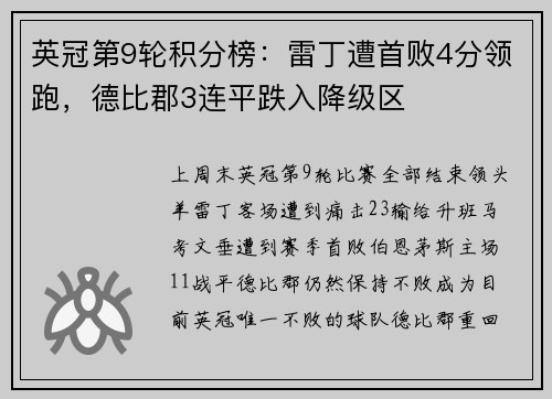 英冠第9轮积分榜：雷丁遭首败4分领跑，德比郡3连平跌入降级区