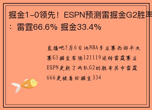 掘金1-0领先！ESPN预测雷掘金G2胜率：雷霆66.6% 掘金33.4%